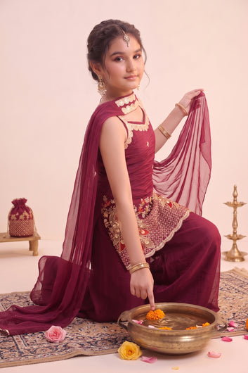 Girls Maroon Silk Blend Kurta And Palazzo With Dupatta Set For Traditional Look