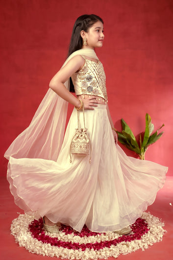 Girls Off White Silk Blend Bead Work Embroidered Crop Top And Palazzo with Inner Top & Dupatta Set For Traditional Look