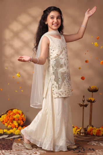 Girls White Silk Blend Mirror Embroidered Short Kurta and Palazzo With Dupatta Ethnic Set