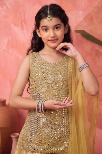 Girls Chikoo Silk Blend Silk Blend Mirror Embroidered Kurata and Palazzo With Dupatta For Celebration Wear