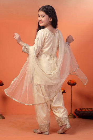 Girls Chikoo Silk Blend Embroidered Kurta Salwar with Dupatta Traditional Outfit