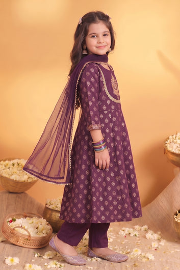 Girls Purple Silk Blend Kurta and Pant With Net Dupatta Set For Festive Look
