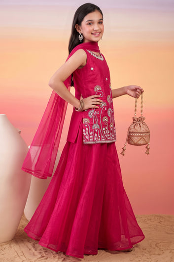 Girls Rani Silk Blend Floral Sequin Bead Work Embroidered Kurta and Palazzo With Dupatta For Festive Wear