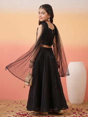 Girls Black Silk Blend Sequin Bead Work Embroidered Crop Top and Palazzo With Inner Top & Dupatta Set For Festive Wear