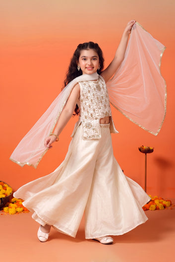 Girls White Silk Blend Embroidered Top and Palazzo With Dupatta Ethnic Set