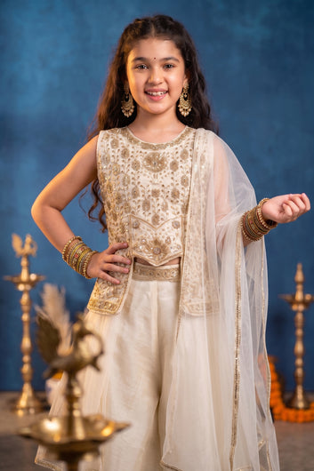 Girls White Silk Blend Embroidered Top and Palazzo With Dupatta Ethnic Set