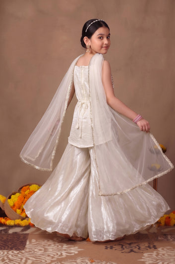 Girls White Silk Blend Bead work and Embroidered Top and Palazzo with Dupatta Ethnic Set