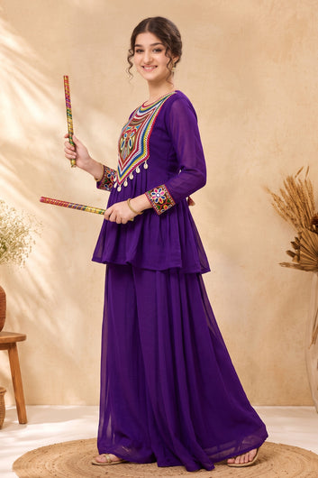 Girls Violet Silk Blend Embroidered A-line Kurta and Palazzo Set For Traditional Look