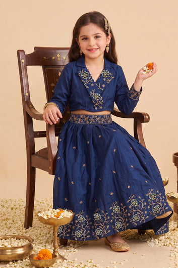 Girls Navy Blue Silk Blend Floral Embroidered Lehenga and Choli Set For Traditional Look
