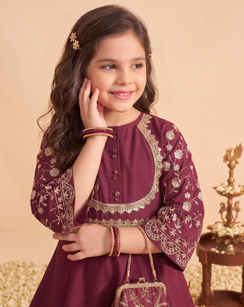 Girls Dark Purple Silk Blend kurta and Dhoti Pant Ethnic Wear