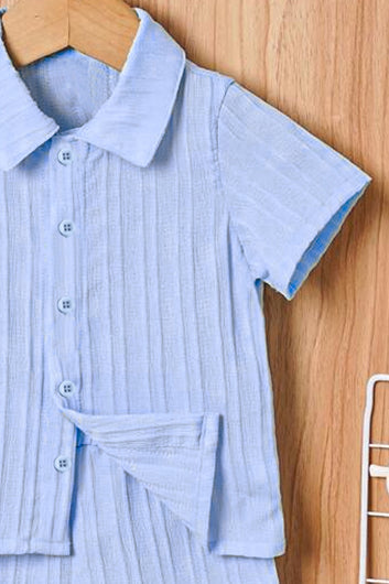 Boys Light Blue Cotton Blend Striped Printed Shirt With Short Pant Set