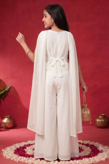 Girls Off White Georgette Crop Top And Palazzo With Dupatta For Trendy Look