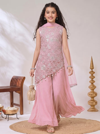 Girls Light pink Georgette Sequin Embroidered Cut Work Top and Palazzo With Dupatta Set Traditional Outfit For Girls