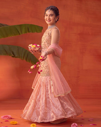 Girls Peach Silk Blend Bead Work Lehenga Coli With Dupatta Ethnic Set
