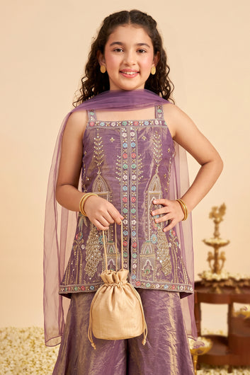 Girls-Purple Silk Blend Sequin Bead Work Top and Palazzo With Dupatta Set For Traditional Outfit