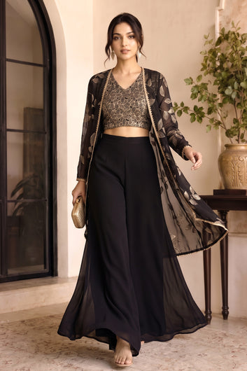 Women Black Georgette Crop Top and Palazzo With Shrug Set For Ethnic Wear