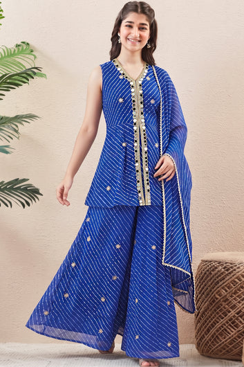 Girls Royal Blue Georgette Floral Embroidered Kurta and Palazzo with Dupatta Set For Girls