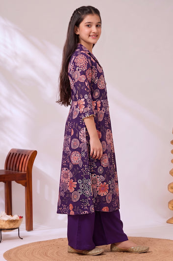 Girl's Dark Purple Chanderi Silk Printed Front Slit Kurta and Palazzo Set