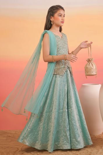 Girls Olive Silk Blend Sequin Bead Work Crop Top and Palazzo With Dupatta Set For Ethnic Outfit