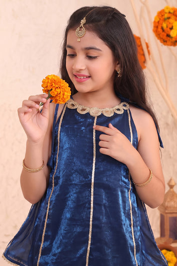 Girls Dark Blue Embroidered Top and Palazzo With Dupatta Set Ethnic outfit for girls