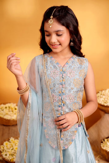Girls Light Blue Floral Embroidered 3-Piece Indo Western Set- Embroidered Top, Flared Palazzo & Dupatta