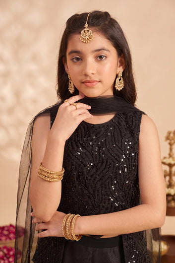 Girls Black Silk Blend Embroidered Top and Palazzo With Dupatta For Trendy Ethnic Set