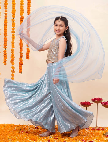 Girls Sky Blue Silk Blend Embroidered Scalloped Hem Top and Flared Palazzo with Dupatta Set