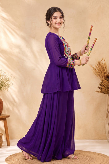 Girls Violet Silk Blend Embroidered A-line Kurta and Palazzo Set For Traditional Look