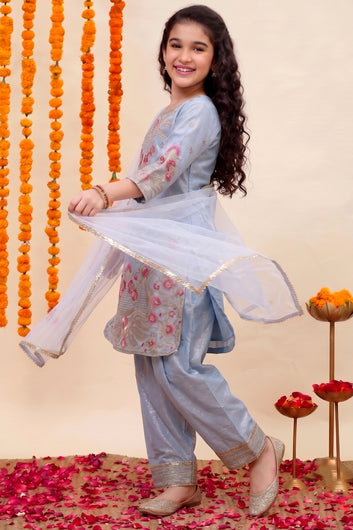 Girls Sky Blue Silk Blend Embroidered Salwar Suit Set with Dupatta