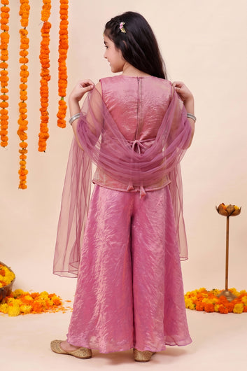 Girls Peach Silk Blend Bead Embroidery Top and Palazzo With Dupatta Ethnic Set