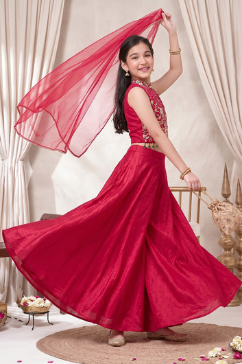 Girls Rani Silk Blend Sequin Embroidered Crop Top and Palazzo With Dupatta Set For Indian Outfit