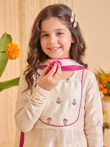 Girls Off White Silk Blend Floral Embroidery Kurta and Palazzo With Dupatta Traditional Ethnic Set