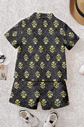 Boys Black Cotton Blend Printed Shirt With Short Pant Set