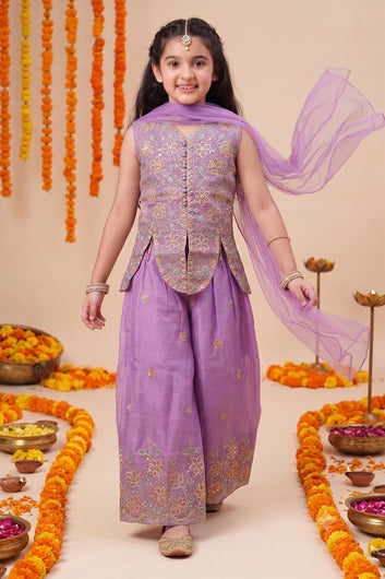 Girls Purple Silk Blend Embroidered Top and Palazzo With Dupatta Fusion Party Wear