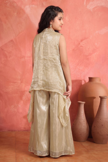 Girls Chikoo Silk Blend Bead Embroidered Crop Top and Palazzo With Shrug Girls Indo western Set