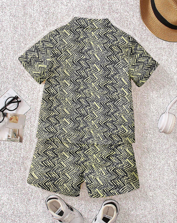Boys Beige Cotton Blend Zig Zag Print Shirt and Shorts For Casual Wear