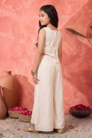 Girls White Silk Blend Sequin Embroidery Crop Top and Palazzo With Dupatta Ethnic Set