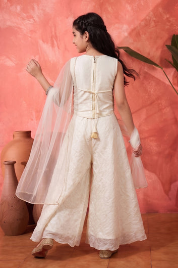 Girls White Silk Blend Floral Embroidered Crop Top and Palazzo With Dupatta Stylish Ethnic Set