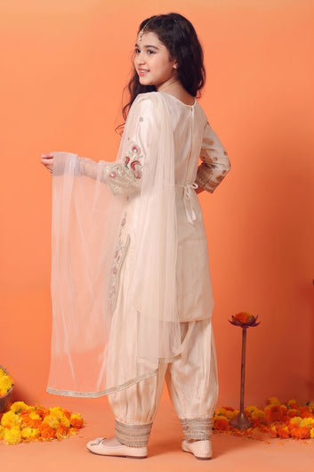 Girls White Silk Blend Floral Sequin Embroidered Kurta and Salwar Set with Dupatta