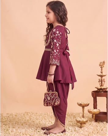 Girls Dark Purple Silk Blend kurta and Dhoti Pant Ethnic Wear