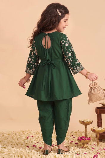 Girls Bottle Green Roman Silk kurta Dhoti Pant Set Ethnic Wear