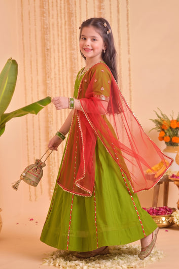 Girls Mehndi Roman Silk Embroidered Lehenga Choli With Dupatta Set Traditional 3-Piece Festive Outfit for Kids