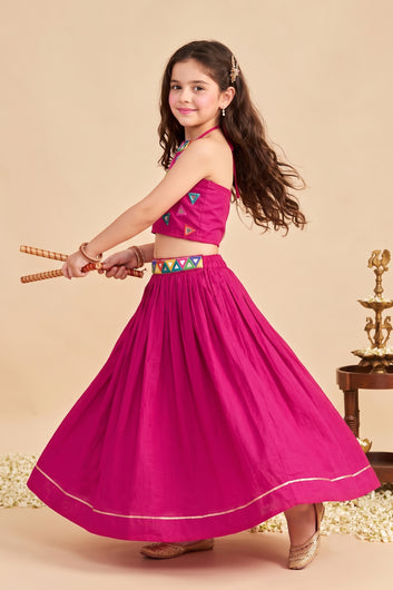 Girls Rani Silk Blend Mirror work Embroidered Lehenga and Choli Set For Traditional Look