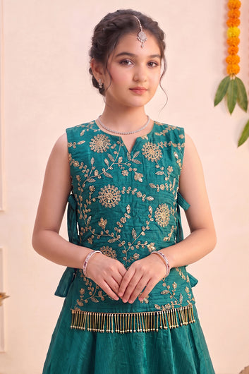 Girl's Rama Silk Blend Embroidered Sleeveless Top Style Choli and Inner Top with Flared Lehenga For Traditional Look