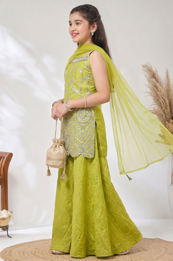 Girls Lemon Silk Blend Kurta, Palazzo And Top Inner With Dupatta Set Diwali Outfit