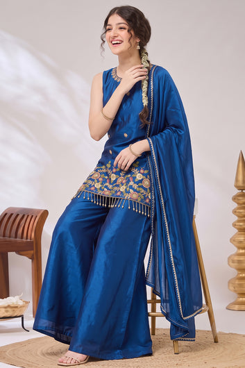 Girls Rust Silk Blend Embroidered Kurta and Palazzo With Dupatta Set For Party Wear