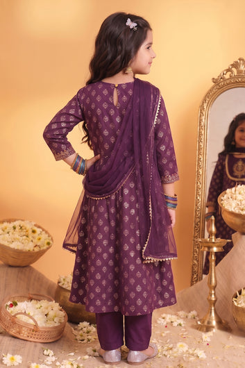Girls Purple Silk Blend Kurta and Pant With Net Dupatta Set For Festive Look