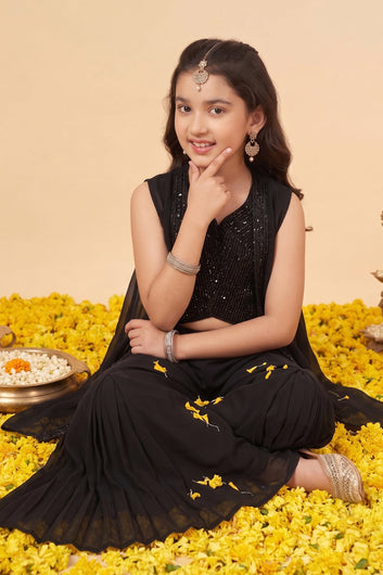 Girls Black Silk Blend Sequin Bead Embroidered Crop Top and Palazzo With Shrug Ethnic Set
