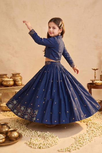 Girls Navy Blue Silk Blend Floral Embroidered Lehenga and Choli Set For Traditional Look