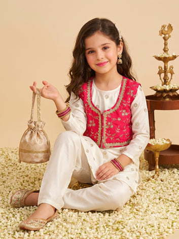 Girls Off White Silk Blend Embroidered Kurta with Koti and Pyjama Ethnic Set